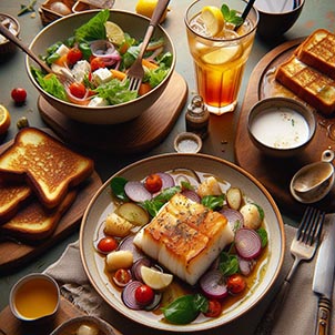 Un plato de ensalada, otro plato de bacalao en salsa, otro plato de torrijas con miel y un cóctel